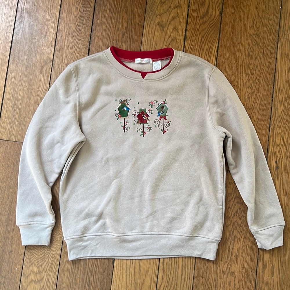 Christmas‎ Sweater Embroidered Crew Fleece Sweatshirt Birds Holiday Grannycore